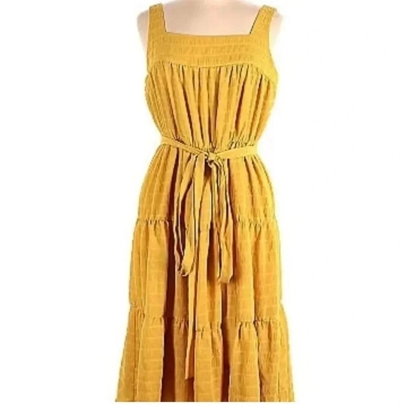 Slate & Willow Gauzy Tiered Layered Midi Tie Waist Dress Yellow Straps 2 RTR - Picture 3 of 11
